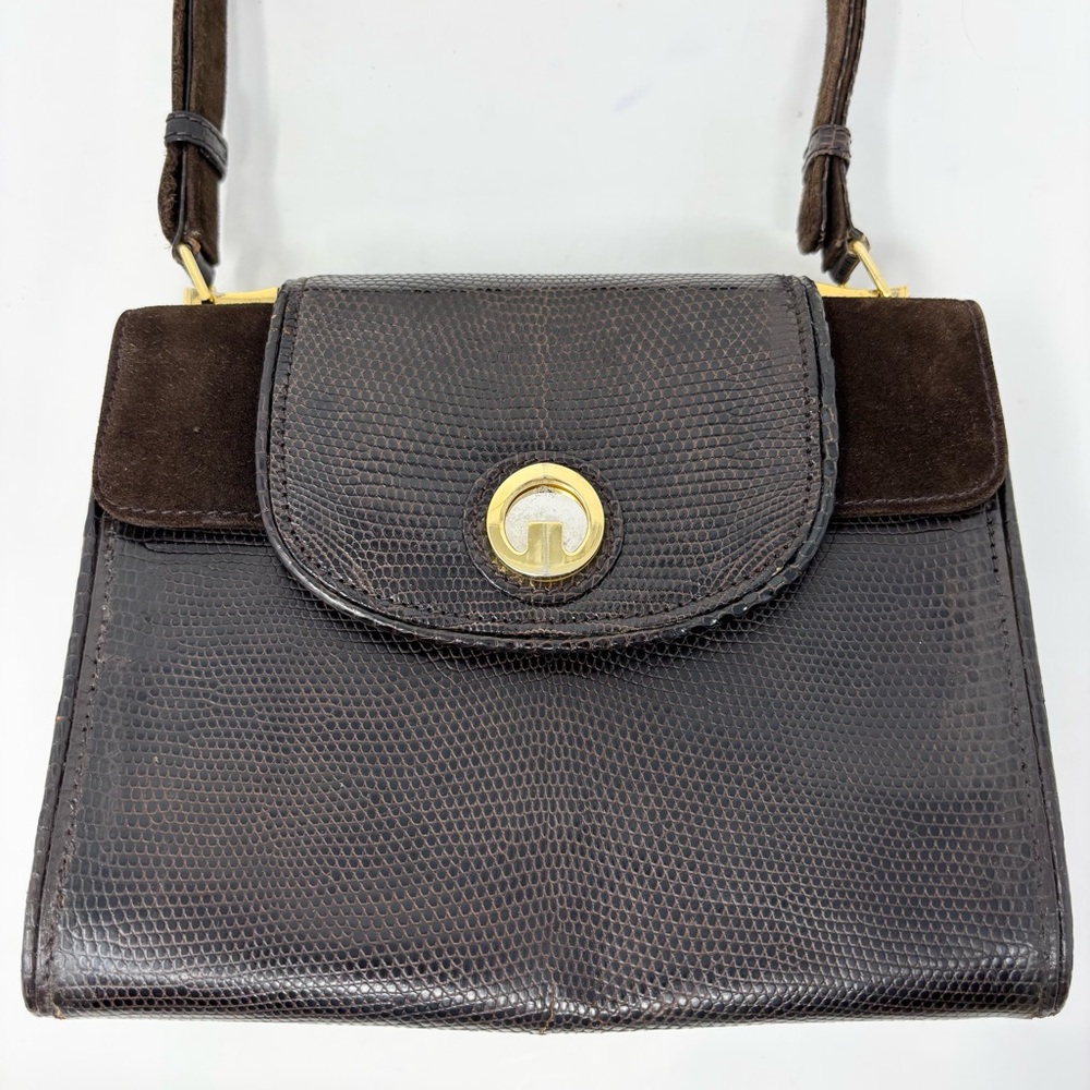 Gucci Vintage 1970s Blondie Logo Lizard & Suede Top Handle Bag Chocolate Brown - Picture 5 of 16